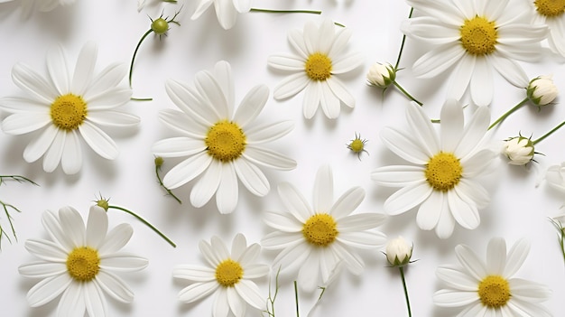 Schöne weiße Blumen auf grünen Stielen, angeordnet auf einer weißen Oberfläche. Stock-Foto für F