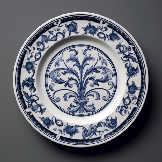 Foto schöne weiße dekorative keramikplatte mit blauem dessertblumen-design ai-generierte kunst