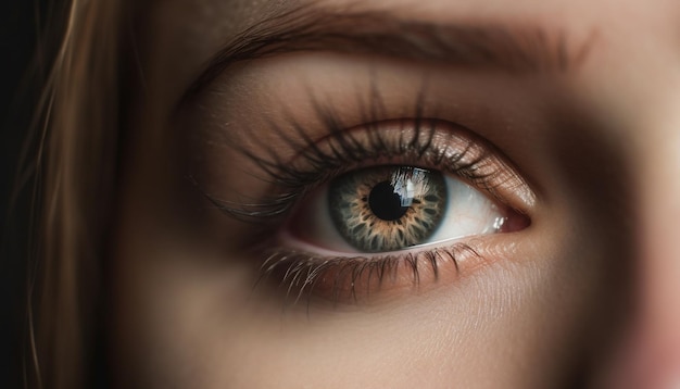 Schöne weiße Frau starrt mit blauen Augen in einem von KI generierten Nahaufnahmeporträt