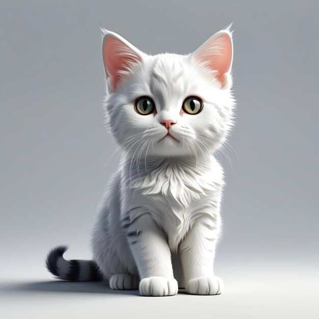 Schöne weiße Kätzchen sitzt auf grauem Hintergrund