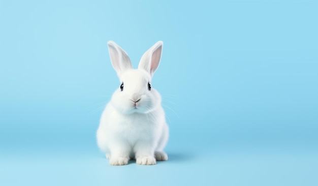 Schöne weiße Kaninchen auf einem hellblauen Hintergrund