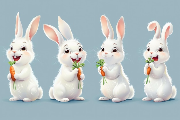 Schöne weiße Kaninchen mit Karotte Kaninchen Zeichentrickfilm-Vektor-Sammlung Tier-Wildtiere Charakter-Set