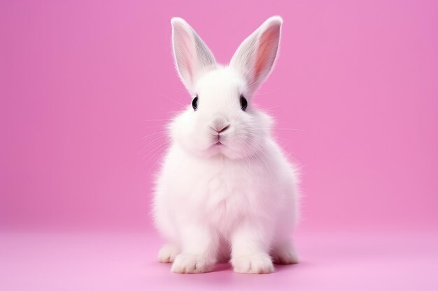 Schöne weiße Kaninchen mit weichem, flauschigem Fell auf rosa Leinwand Generative KI