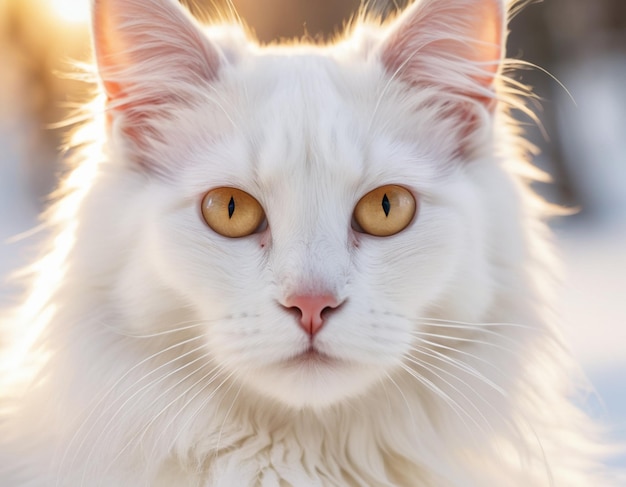 schöne weiße Katze auf dem Feld vor der Kamera