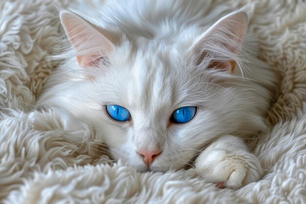 Schöne weiße Katze mit auffallenden blauen Augen, die auf einer flauschigen Decke ruht.