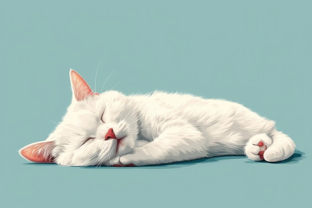 Schöne weiße Katze schläft auf dem Boden, Kätzchen schläft entspannt, flache Vektorillustration isoliert auf blauem Hintergrund