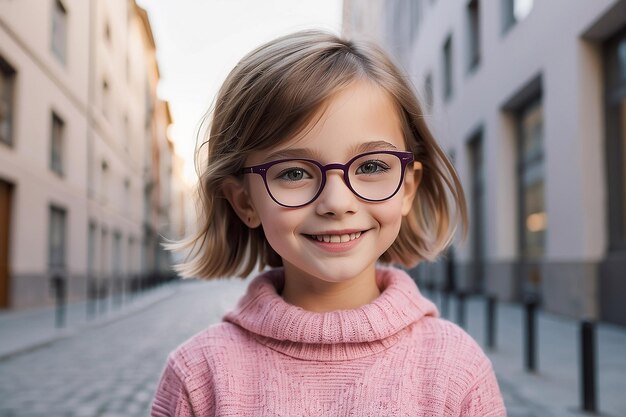 Schöne weiße Mädchen mit Brille lächelt in eine von KI erzeugte Kamera