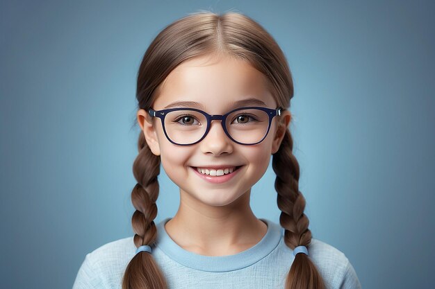 Foto schöne weiße mädchen mit brille lächelt in eine von ki erzeugte kamera