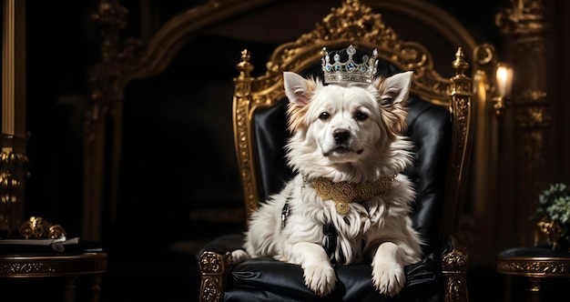 Foto schöne weiße mischfarbe hund trägt eine krone mit lächelndem gesicht und sitzt auf dem thron