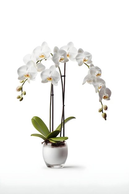 Schöne weiße Orchideenblüte im Keramiktopf auf weißem Hintergrund