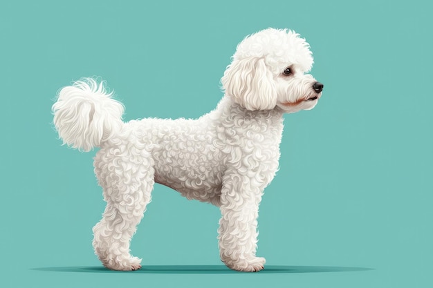Schöne weiße Pudelwelpe im Stil realistischer Tierporträts vereinfachte Hundefiguren Vektorillustration auf blauem Hintergrund