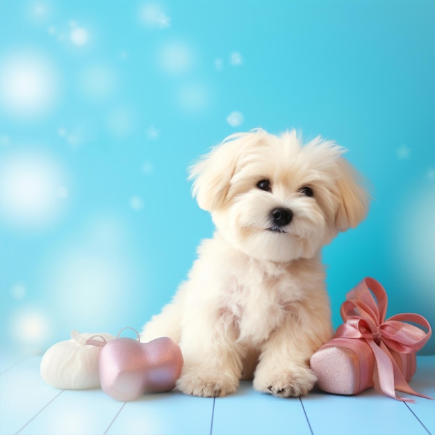 Schöne weiße Shih Tzu sitzt mit Geschenken