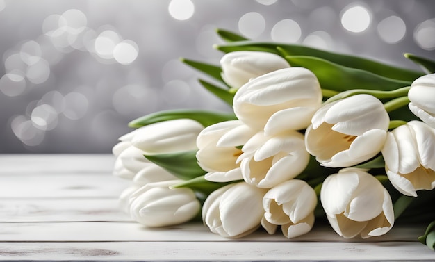 Foto schöne weiße tulpenblumen bouquet und bokeh-hintergrund valentinstag oder muttertag grußkarte mit platz