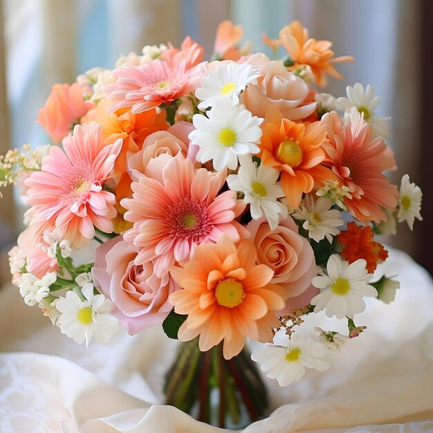 Schöne weiße und orangefarbene Blumenarrangement mit Vase am Fenster