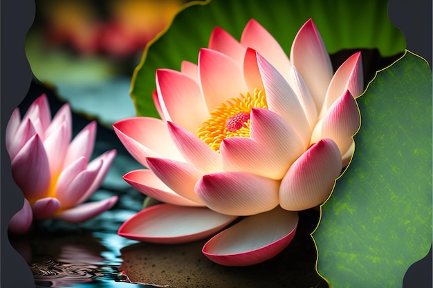 Schöne weiße und rosa Lotusblume mit Blättern unter Pfund