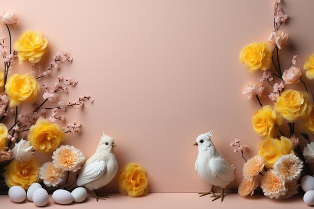 Foto schöne weiße vögel auf einem hintergrund von pfirsichfuzz und blühenden zweigen