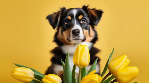 Schöne Welpe mit Tulpenblumen auf gelbem Hintergrund Ferienkonzept