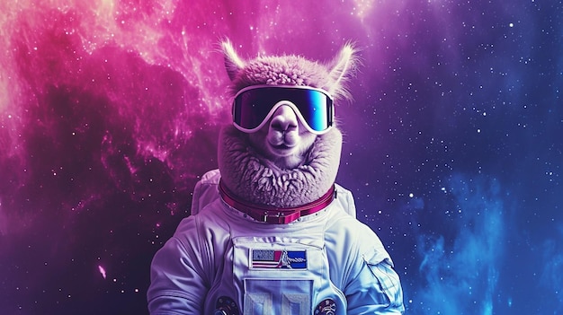 Schöne Weltraum-Alpaka in Astronautenanzug mit Sonnenbrille in Rosa und Blau Magische Generative Ai