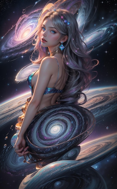Schöne Weltraumfrau Illustration einer Himmelsfrau Schöne Frau und Galaxie