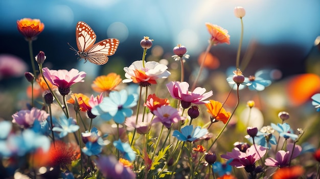 Schöne Wiese mit bunten Blumen und Schmetterlingen auf dem Himmel Hintergrund Generative KI