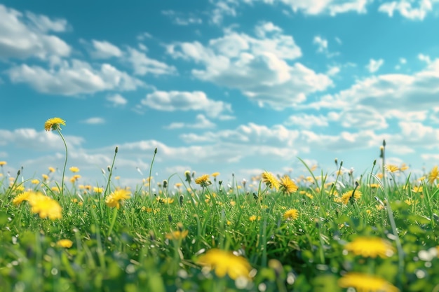 Schöne Wiese mit frischem Gras und gelben Löwenzahnblumen