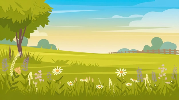 Schöne Wiesenlandschaft mit Vektorillustration des Himmelshintergrunds