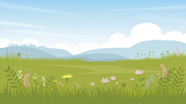 Schöne Wiesenlandschaft mit Vektorillustration des Himmelshintergrunds