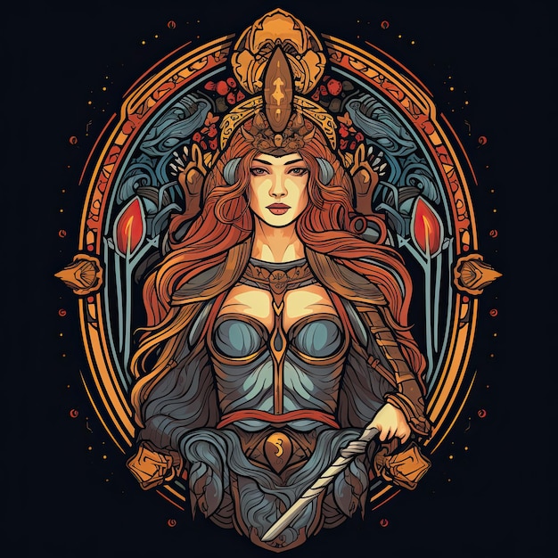 Schöne Wikinger-Sorgenfrau Tattoo-Kunst Vektorillustration für T-Shirt-Druckdesign