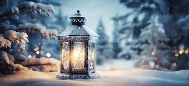 Schöne Winter-Szene mit Laternen im Schnee Generative AI Enhanced Stock Image