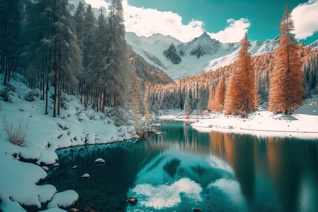 Schöne Winterlandschaft eines Waldes in den schneebedeckten Alpen