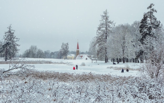 Schöne Winterlandschaft mit einem gefrorenen See und weißen Bäumen im Frost. Fischer, der auf einem zugefrorenen See geht. Gatchina. Russland.