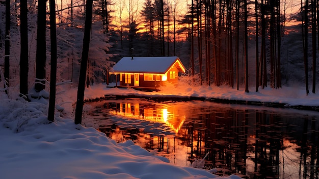 Schöne Winterlandschaft mit gefrorenem See und Holzhaus beim Sonnenuntergang