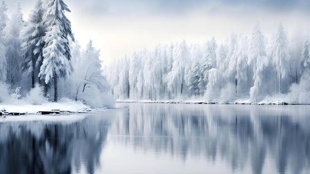 Foto schöne winterlandschaft mit gefrorenem see und schneebedeckten bäumen im wald