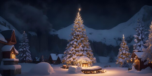 Schöne Winterlandschaft mit Holzhaus und Weihnachtsbaum in der Nacht