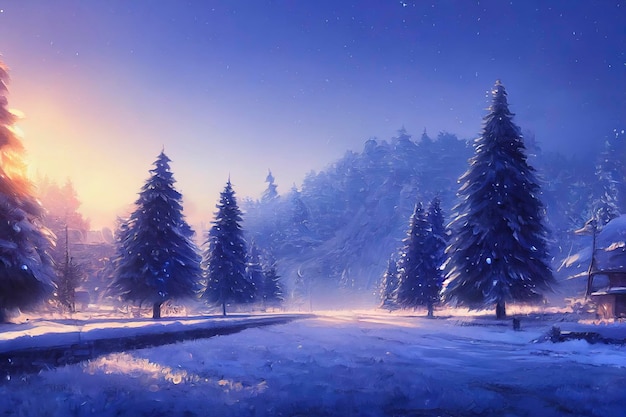 Schöne Winterlandschaft mit Schnee- und Kiefernlandschaftsillustration mit Weihnachtsthema