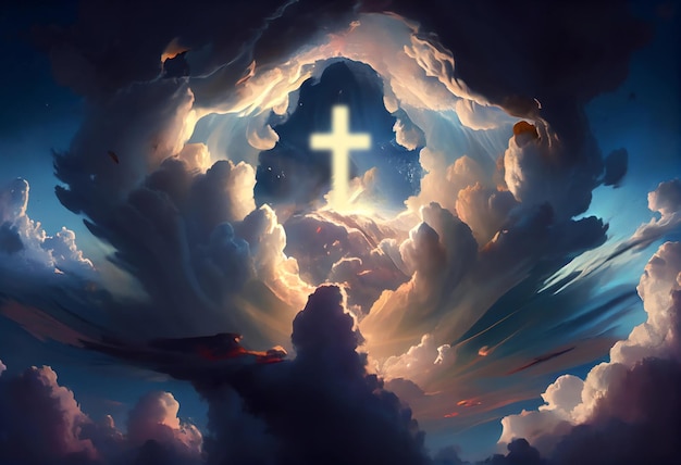 Schöne Wolken mit der Silhouette von Jesus kreuzen in der christlichen Illustration des Himmels