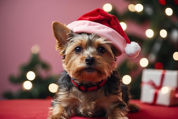 Foto schöne yorkshire terrier mit weihnachtsmannshut auf rotem hintergrund