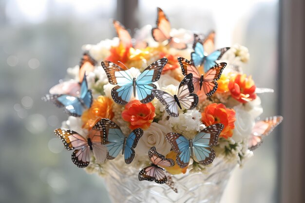 Schöne, zarte Blumenkomposition mit flatternden Schmetterlingen Schmetterlingsbouquet