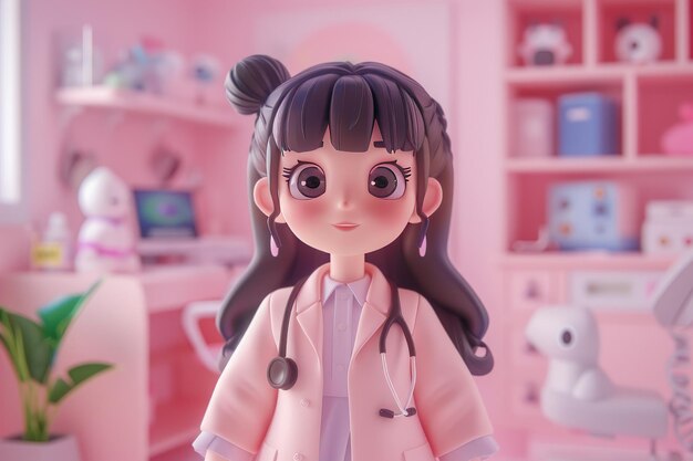 Schöne Zeichentrickfilm-Doktorin mit Stethoskop steht im Krankenhauszimmer