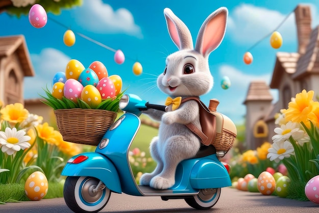 Schöne Zeichentrickfilm-Kaninchen auf einem Roller mit Ostereiern
