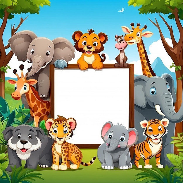Schöne Zeichentrickfilme mit wilden Tieren auf einer leeren Tafel