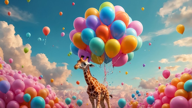 Schöne Zeichentrickgiraffe mit Ballons