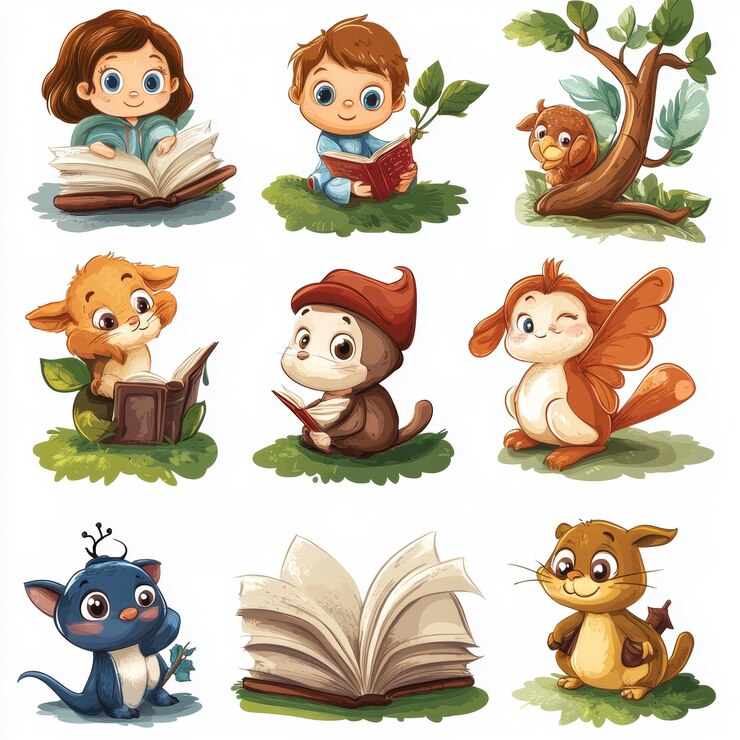 Foto schöne zeichentricktiere lesen bücher kinderillustrationen