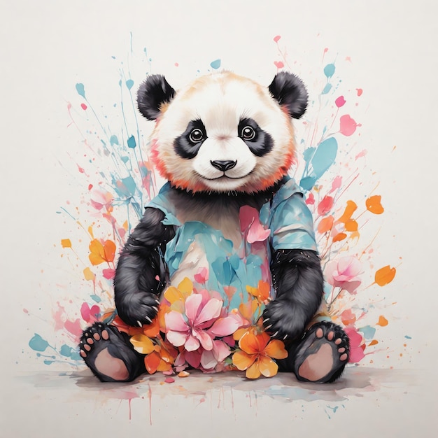 Schöne Zeichnung eines niedlichen Baby-Pandas im Retro-T-Shirt-Kunststil mit weißem Hintergrund