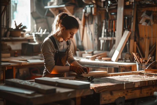 Schöne Zimmerfrau arbeitet mit Holz in der Werkstatt