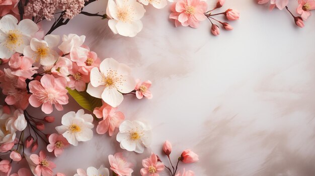 Foto schöne zusammensetzung von frühlingsblumen und blättern auf einem tischhintergrund top-view-kopierraum mock