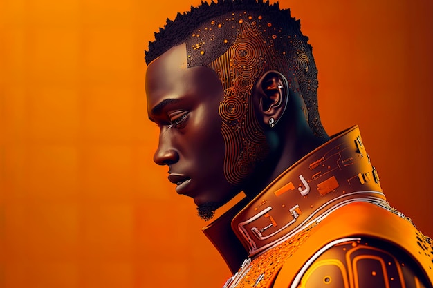 Schöner afrikanischer männlicher Android-Mann, der nach unten auf den leuchtend orangefarbenen Hintergrund AIGenerated schaut