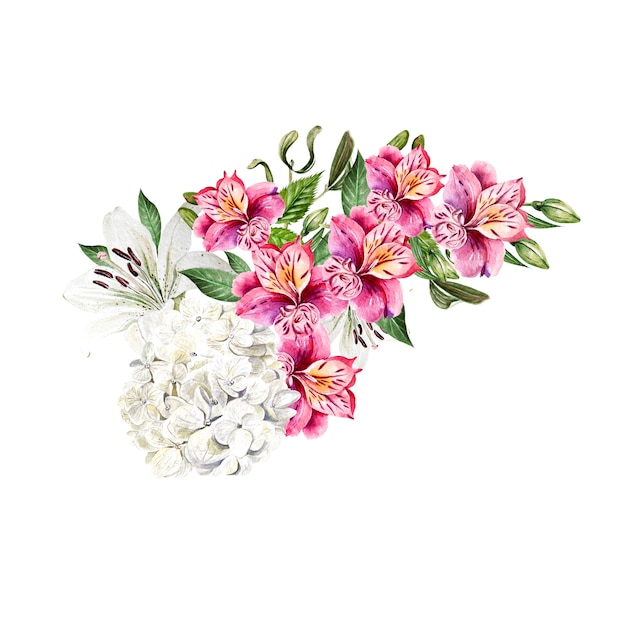 Schöner Aquarellhochzeitsstrauß mit Blättern und Blumen von Lilie, Alstroemeria und Hudrangea. Abbildung