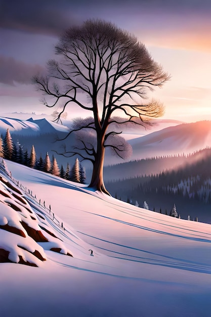 schöner Baum in der Winterlandschaft am späten Abend im Schneefall, digitale Kunstillustrationsmalerei