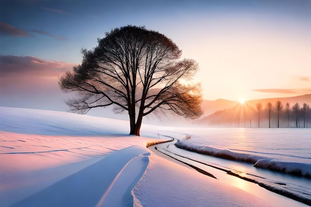 schöner Baum in der Winterlandschaft am späten Abend im Schneefall, digitale Kunstillustrationsmalerei